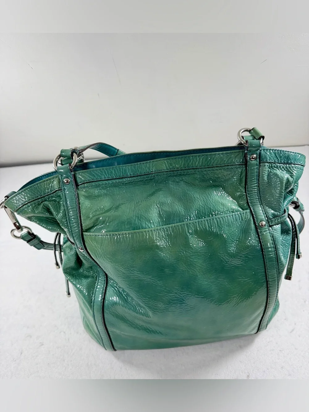 Coach F19569 Seafoam Green Large Patent Leather Tote Perforated Logo - Picture 2 of 10